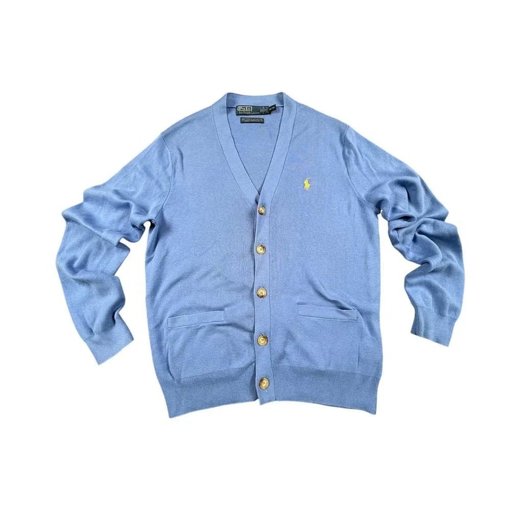 Polo Ralph Lauren Cardigan Sweater Mens M Blue Excellent Pima Cotton V-Neck